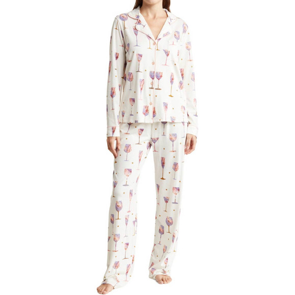NWT PJ Salvage Long Sleeve Wine Life Button-Up Shirt & Pants Pajamas (Sz L) - Picture 1 of 7